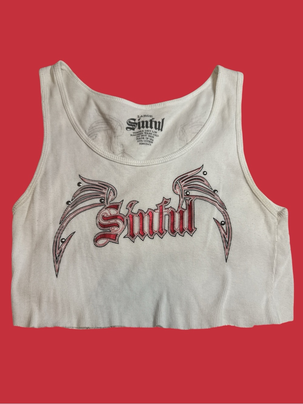 Sinful by Affliction White Ribbed Crop Tank Top Wing Graphic Studded Size L